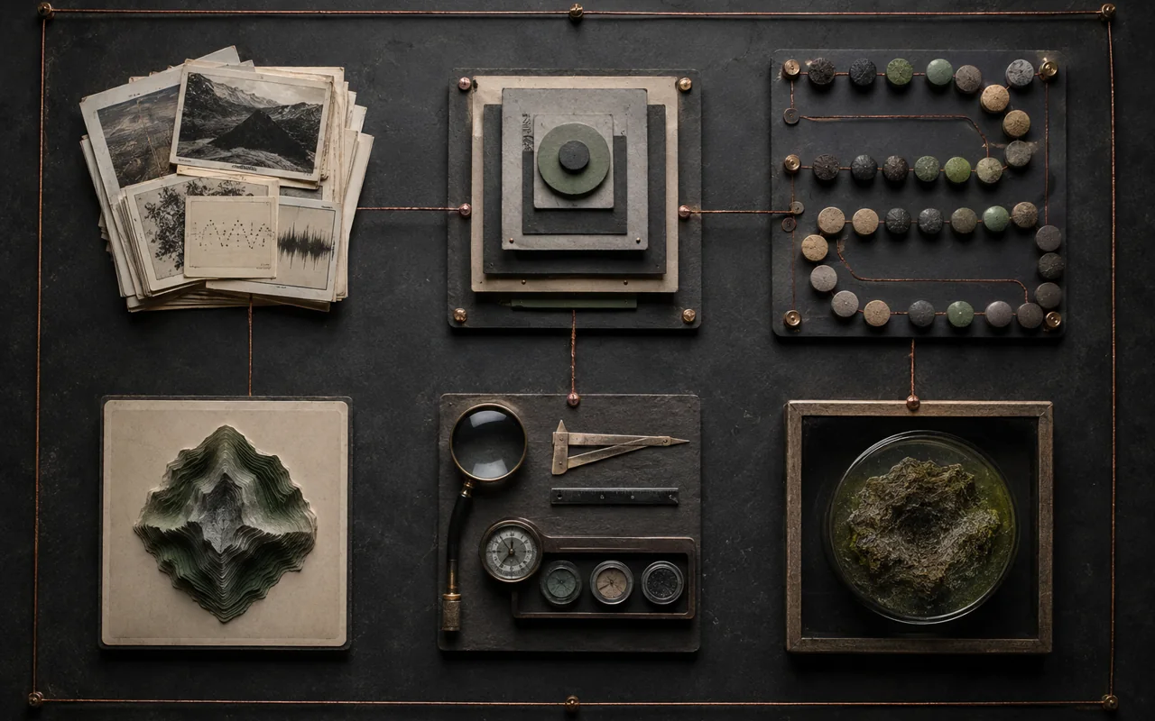 Visual references and a connected model arranged on a work surface.