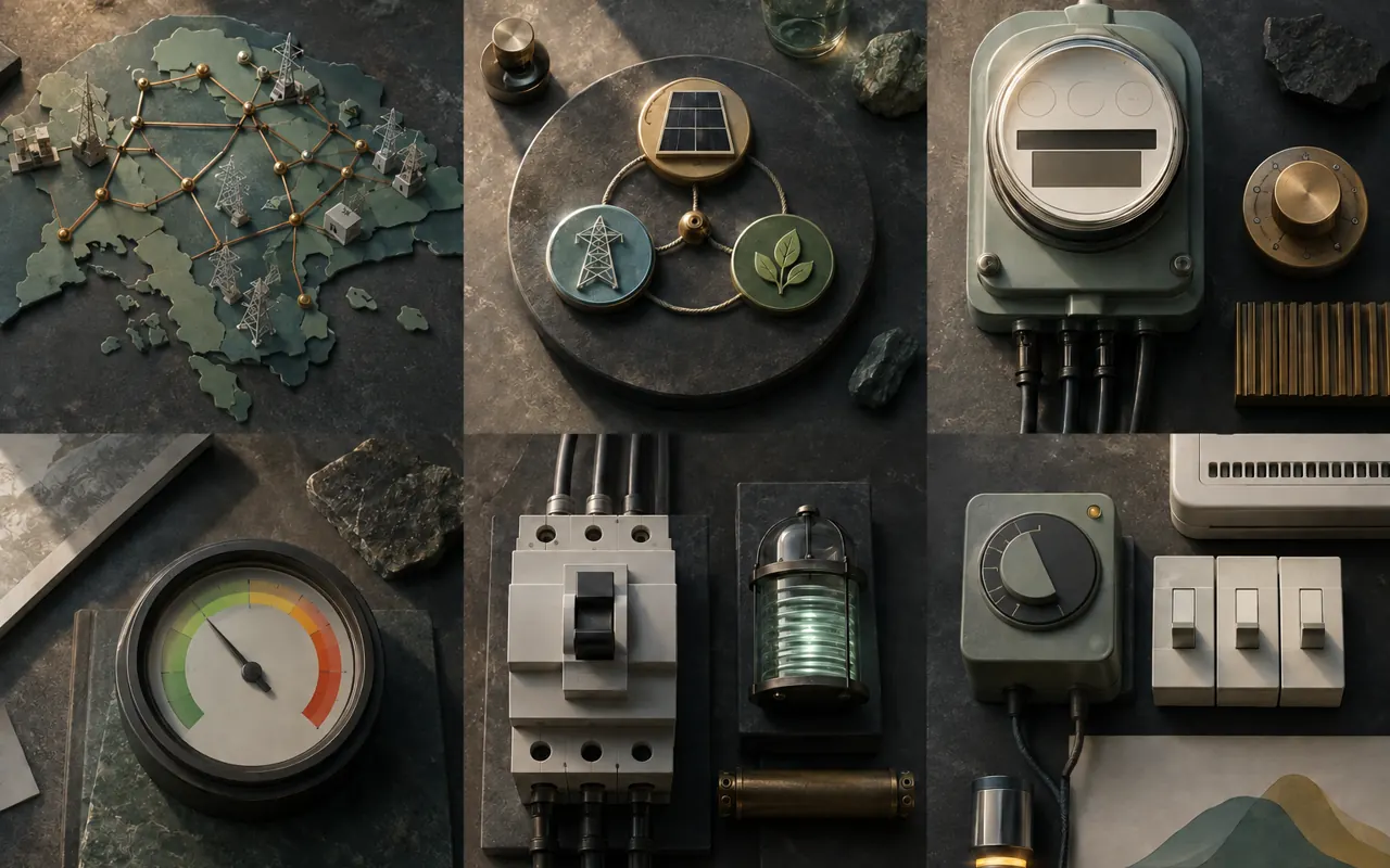 Grid connections, a meter and energy controls.