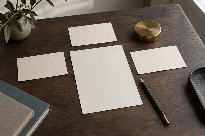 Paper and planning cards beside a pencil.