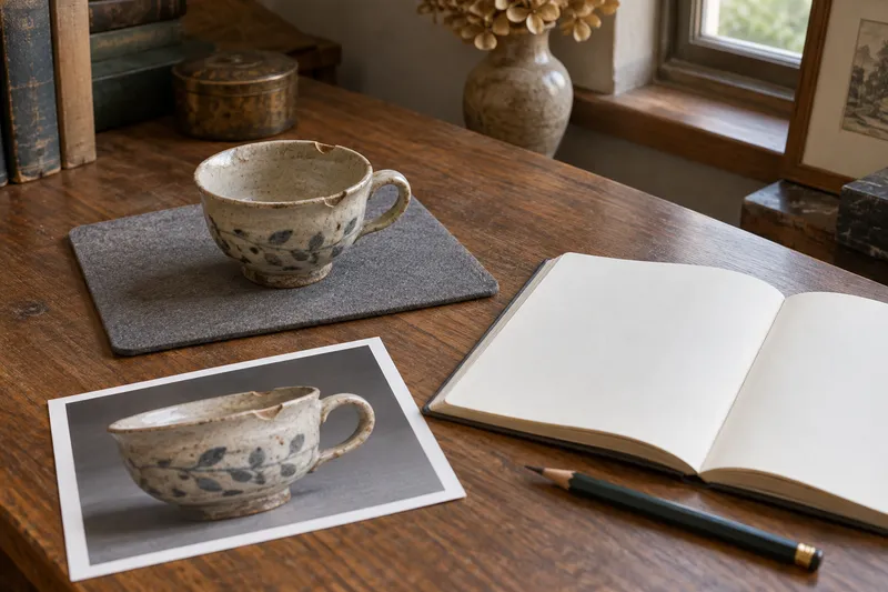 A ceramic cup, its photograph and an observation notebook.